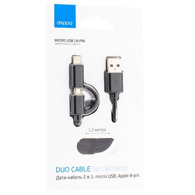 Дата-кабель USB Deppa D-72204 (2в1) 8-pin Lightning & MicroUSB 1.2м Черный - фото 5489