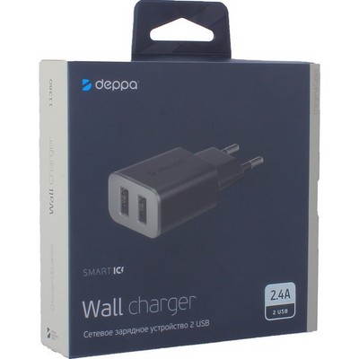 Адаптер питания Deppa Wall charger 2.4А D-11380 (2USB: 5V 2.4A) Черный - фото 5544