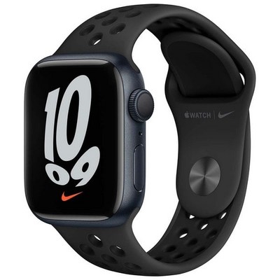 Умные часы Apple Watch Nike Series 7 GPS, 41 мм, алюминий цвета «тёмная ночь», спортивный ремешок Nike цвета «антрацитовый/чёрный» MKN43 - фото 22392