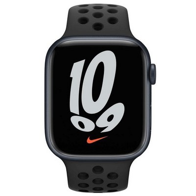 Умные часы Apple Watch Nike Series 7 GPS, 45 мм, алюминий цвета «тёмная ночь», спортивный ремешок Nike цвета «антрацитовый/чёрный» MKNC3RU - фото 22379