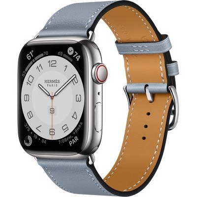 Умные часы Apple Watch Hermes GPS + Cellular, 45mm Silver Stainless Steel Case with Bleu Lin Swift Leather Single Tour MKG83 - фото 22533