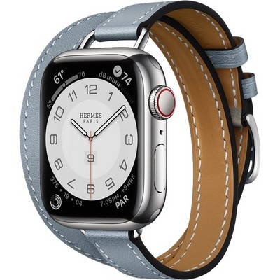Умные часы Apple Watch Hermes GPS + Cellular, 41mm Silver Stainless Steel Case with Bleu Lin Attelage Double Tour MKG33 - фото 22536
