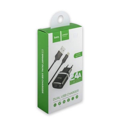 Адаптер питания Hoco C12 Smart dual USB charger set + Cable lightning (2USB: 5V max 2.4A) Черный - фото 5580