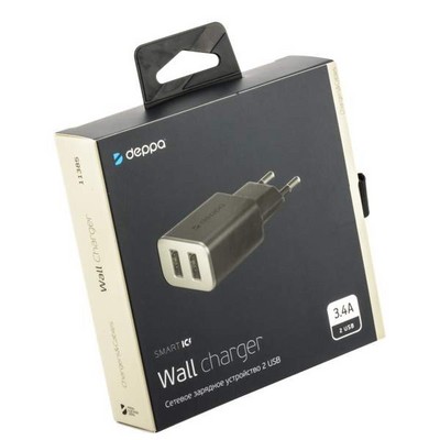 Адаптер питания Deppa Wall charger 3.4А D-11385 (2USB: 5V 3.4A) Черный - фото 5592
