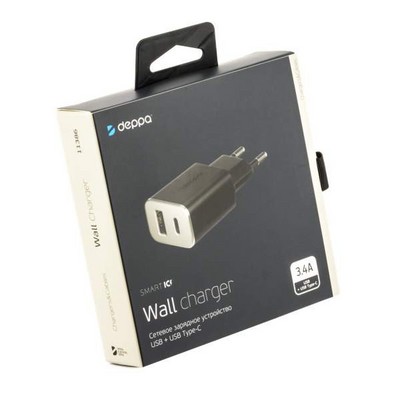Адаптер питания Deppa Wall charger 3.4A D-11386 (USB + USB Type-C) Черный - фото 5593