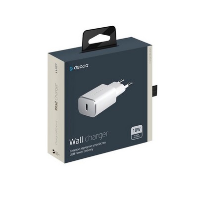 Адаптер питания Deppa USB Type-C Power Delivery 18Вт D-11387 (5В/ 3А, 9В/ 2А, 12В/ 1.5А) Белый - фото 5599
