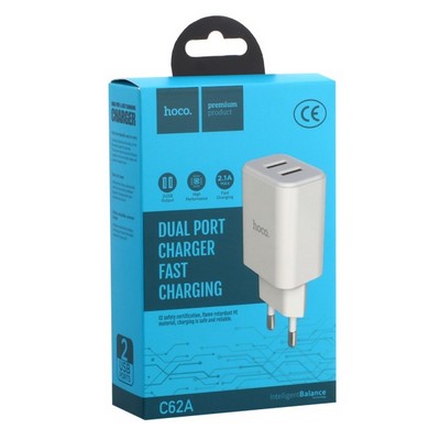 Адаптер питания Hoco C62A Victoria dual port charger (2USB: 5V max 2.1A) Белый - фото 5613