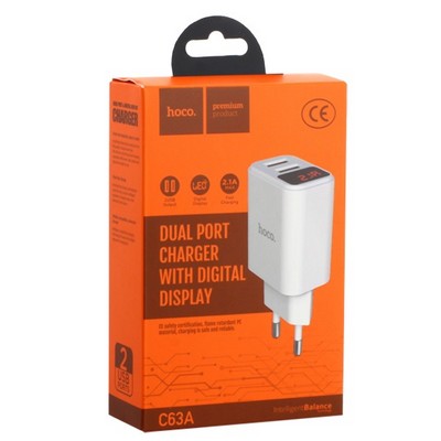 Адаптер питания Hoco C63A Victoria dual port charger with digital display (2USB: 5V max 2.1A) Белый - фото 5614