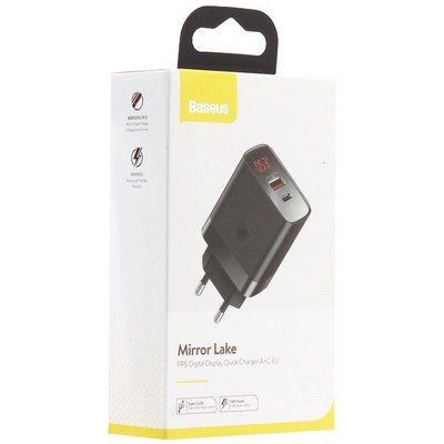 Адаптер питания Baseus Mirror Lake 18W PPS Digital Display Quick Charger A+C EU (USB+Type-C: 5V 3.0A Max) CCJMHC-A01 Черный - фото 5623