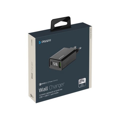 Адаптер питания Deppa PD Wall charger 3.0А QC 3.0 D-11395 (USB A + USB-C) 27W дисплей Черный - фото 5632