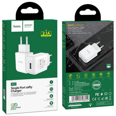 Адаптер питания Hoco N2 Vigour single port charger Apple&Android (USB: 5V max 2.1A) Белый - фото 5633