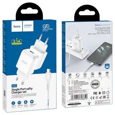 Адаптер питания Hoco N2 Vigour single port charger с кабелем MicroUSB (USB: 5V max 2.1A) Белый - фото 5637