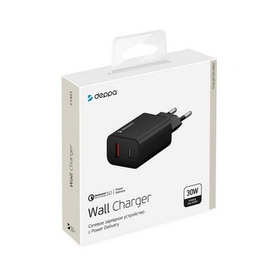 Адаптер питания Deppa USB Power Delivery+QC 3.0 30Вт D-11421 (Type-C+USB: 5В/ 3А, 9В/ 2А, 12В/ 1.5А) Черный - фото 23936