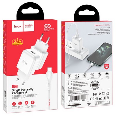 Адаптер питания Hoco N2 Vigour single port charger с кабелем Type-C (USB: 5V max 2.1A) Белый - фото 5639