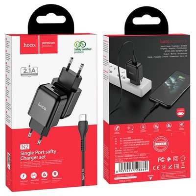 Адаптер питания Hoco N2 Vigour single port charger с кабелем Type-C (USB: 5V max 2.1A) Черный - фото 5640