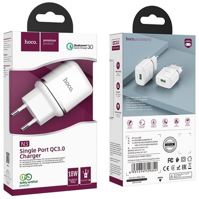 Адаптер питания Hoco N3 Special single port QC3.0 charger Apple&Android (USB: 3.6-6.5V 3.0A/6.6-9V 2.0A/18W) Белый - фото 5641