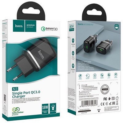 Адаптер питания Hoco N3 Special single port QC3.0 charger Apple&Android (USB: 3.6-6.5V 3.0A/6.6-9V 2.0A/ 18W) Черный - фото 5642