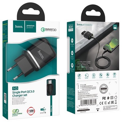 Адаптер питания Hoco N3 Special single port QC3.0 charger с кабелем MicroUSB (USB: 3.6-6.5V 3.0A/6.6-9V 2.0A/ 18W) Черный - фото 5644