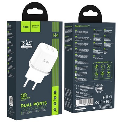 Адаптер питания Hoco N4 Aspiring dual port charger Apple&Android (2USB: 5V max 2.4A) Белый - фото 5647
