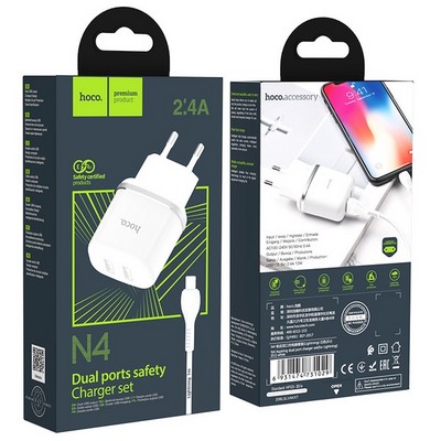Адаптер питания Hoco N4 Aspiring dual port charger с кабелем Lightning (2USB: 5V max 2.4A) Белый - фото 5648
