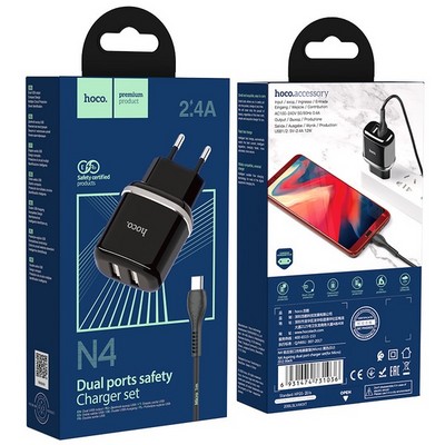 Адаптер питания Hoco N4 Aspiring dual port charger с кабелем MicroUSB (2USB: 5V max 2.4A) Черный - фото 5650