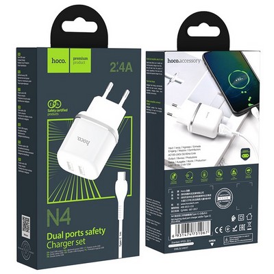 Адаптер питания Hoco N4 Aspiring dual port charger с кабелем Type-C (2USB: 5V max 2.4A) Белый - фото 5651