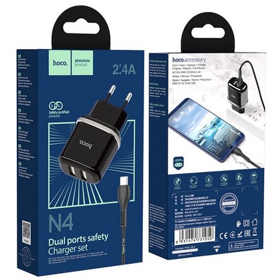 Адаптер питания Hoco N4 Aspiring dual port charger с кабелем Type-C (2USB: 5V max 2.4A) Черный - фото 5652