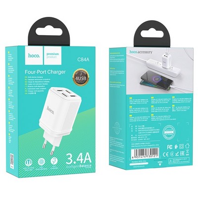 Адаптер питания Hoco C84A Resolute four-port charger (4USB: 5V max 3.4A) Белый - фото 5656