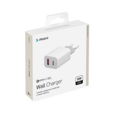 Адаптер питания Deppa USB Power Delivery+QC 3.0 30Вт D-11420 (Type-C+USB: 5В/ 3А, 9В/ 2А, 12В/ 1.5А) Белый - фото 24731