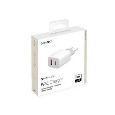 Адаптер питания Deppa USB A + USB-C Power Delivery 3.0А QC 3.0 18Вт D-11399 (5В/ 3А) Белый - фото 5724