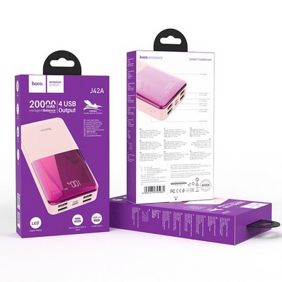 Аккумулятор внешний универсальный Hoco J42A 20000 mAh High power mobile power bank (4USB:5V-2.0A Max) Розовый - фото 5908