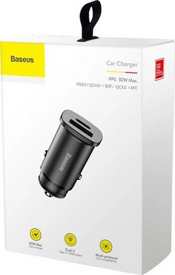 Разделитель автомобильный Baseus Square metal 30W Dual QC3.0 Quick Car Charger (USB: 5V&5A, Type-C:5V&3A) CCALL-AS01 Черный - фото 30452