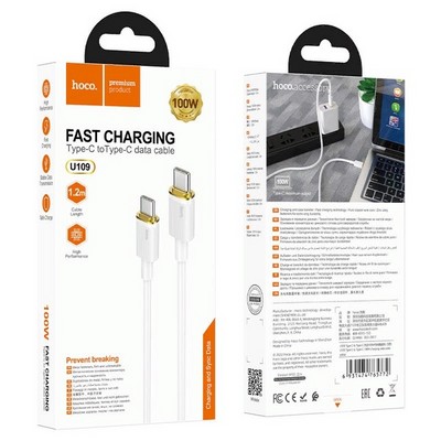 Дата-кабель Hoco U109 Fast charging data cable Type-C to Type-C (20V-5A, 100Вт Max) 1.2 м Белый - фото 32170