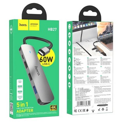 Переходник Hoco HB27 Type-C multifunction adapter PD, USB3.0, 2хUSB2.0, HDMI, 4К при 30 Гц, 60W, для MacBook Графитовый - фото 33077