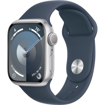 Умные часы Apple Watch Series 9, 41 мм, корпус из алюминия серебристого цвета, спортивный ремешок цвета грозовой синий - фото 35220