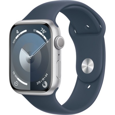 Умные часы Apple Watch Series 9, 45 мм, корпус из алюминия серебристого цвета, спортивный ремешок цвета грозовой синий - фото 35243