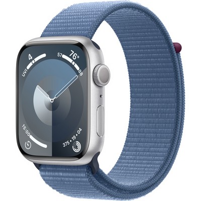 Умные часы Apple Watch Series 9, 45 мм, корпус из алюминия серебристого цвета, ремешок Sport Loop ледяной синий - фото 35264