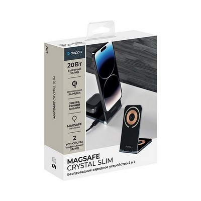 Беспроводное зарядное устройство Deppa 2в1 Magsafe Cristal Slim (D-23152) для Apple iPhone/ Air Pods 20Вт Черный - фото 39628