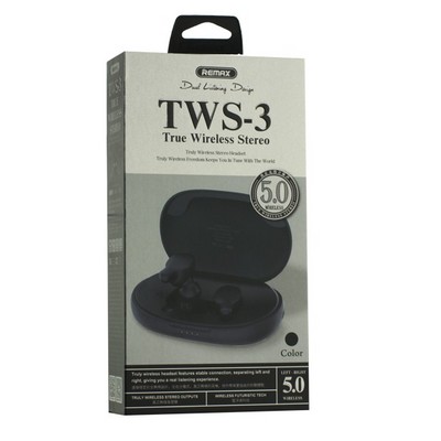 Bluetooth-гарнитура Remax TWS-3 True Wireless Stereo Headphones BT 5.0 стерео с зарядным устройством Черный - фото 6430