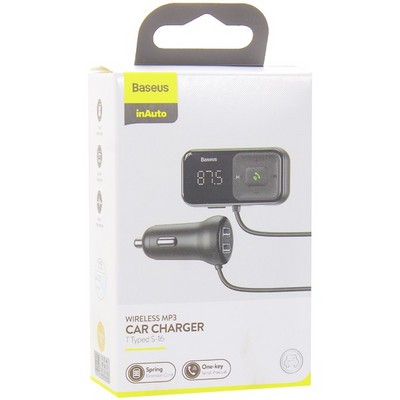 Разделитель автомобильный Baseus T typed S-16 c FM-трансмитером cо шнуром Wireless MP3 car charger (CCTM-E01) Черный - фото 6773
