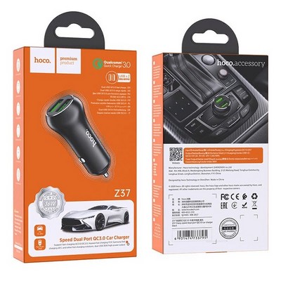 Разделитель автомобильный Hoco Z37 Sharp speed dual port QC3.0 car charger (2USB: 3.6V-6.5V & 3A) Черный - фото 50240