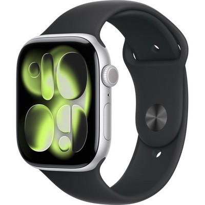 Умные часы Apple Watch Series 11, 46 mm, Silver Aluminium Black Sport Band - фото 51990