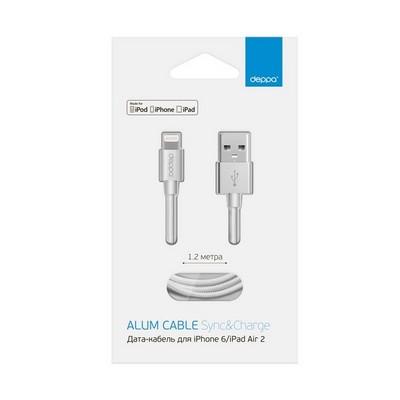 USB дата-кабель Deppa ALUM MFI 8-pin Lightning алюминий/ нейлон D-72187 (1.2м) Серебристый - фото 4939