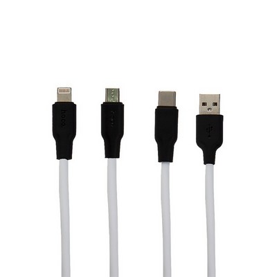 USB дата-кабель Hoco X21 Silicone 3в1 Lightning+Micro-USB+Type-C (1.2 м) Black & White - фото 4993