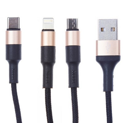 Дата-кабель USB Hoco X26 Xpress charging data cable 3в1 Lightning+Micro-USB+Type-C (1.0 м) Black & Gold - фото 4994