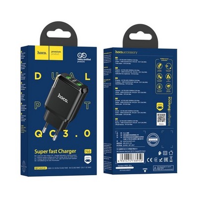Адаптер питания Hoco N6 Charmer dual port QC3.0 charger (2USB: 5V max 3.0A) 18W Черный - фото 11597
