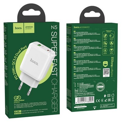 Адаптер питания Hoco N5 Favor dual port PD+QC 3.0 charger (USB: 5V max 3.0A/ 20Вт) Белый - фото 11601