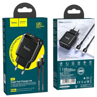 Адаптер питания Hoco N5 Favor dual port PD+QC 3.0 charger с кабелем Lightning to Type-C (USB: 5V max 3.0A/ 20Вт) Черный - фото 11604