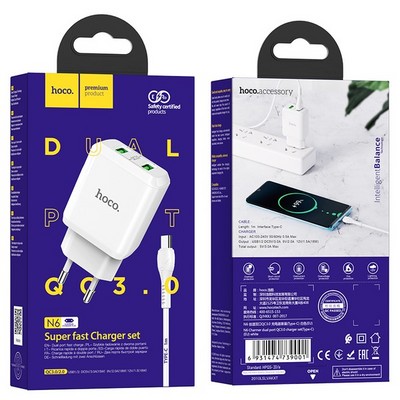 Адаптер питания Hoco N6 Charmer dual port QC3.0 charger с кабелем Type-C (2USB: 5V max 3.0A) 18W Белый - фото 11634