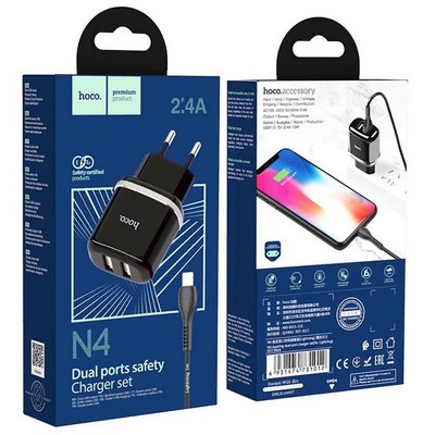 Адаптер питания Hoco N4 Aspiring dual port charger с кабелем Lightning (2USB: 5V max 2.4A) Черный - фото 12878